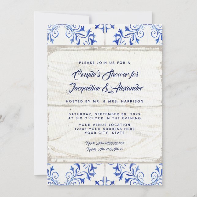 Invitación Parejas duchas duermen Azul de madera blanca Rusti (Anverso)