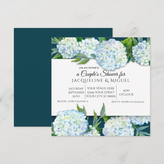 Invitación Parejas Duchas Peacock Blue Hydrangea Floral (Anverso / Reverso)