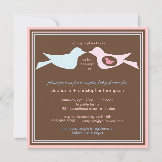 Invitación Parejas familiares de aves Baby Shower (Anverso)