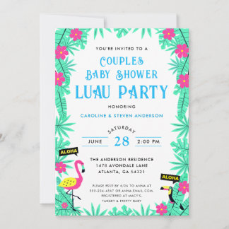 Invitación Parejas Flamingo Tropical Baby Shower Luau Blue