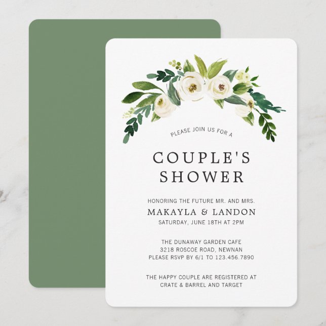 Invitación Parejas Florales Blancas Elegante Ducha Bridal (Anverso / Reverso)