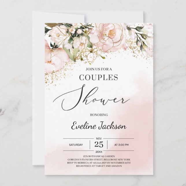 Invitación Parejas florales de oro rosa y boho moderno ducha (Anverso)