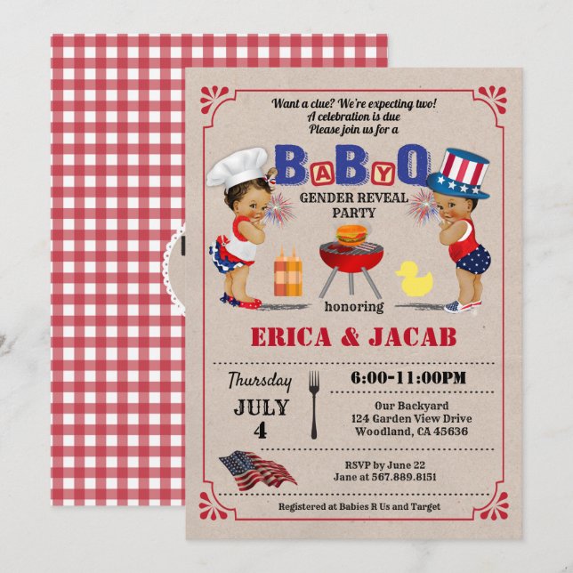 Invitación Parejas gemelas del 4 de julio BBQ baby ducha (Anverso / Reverso)