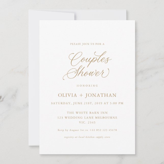 Invitación Parejas Gold Elegant Modernas Ducha Caligrafía (Anverso)