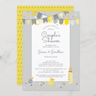Invitación Parejas Infantiles Cutas Ducha Banner Gris Amarill