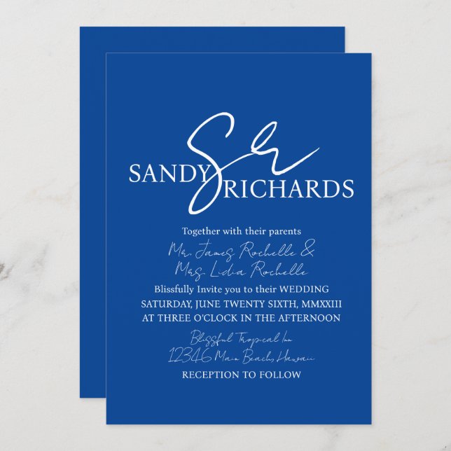 Invitación Parejas Monogramadas Boda de escritura blanca azul (Anverso / Reverso)