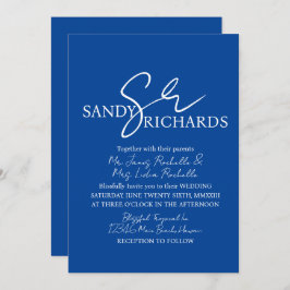 Invitación Parejas Monogramadas Boda de escritura blanca azul