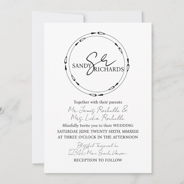 Invitación Parejas Monogramadas Boda del Corazón Blanco Negro (Anverso)