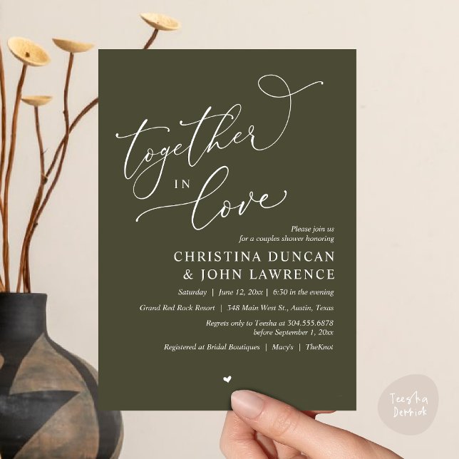 Invitación Parejas Románticas Duchan A Fiesta Juntos Enamorad (Together in Love, Romantic Couples Shower Party Invitation Card PDF modern minimalist Olive Green)