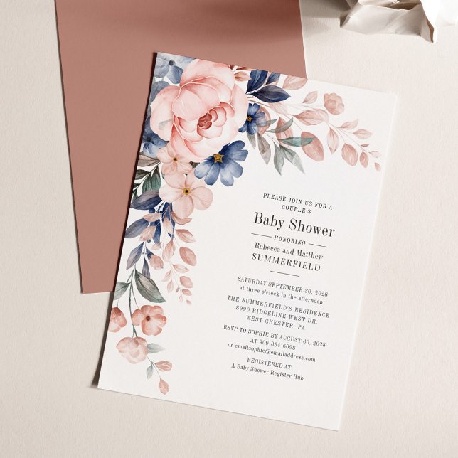 Invitación Parejas rosadas Baby Shower Floral Blue Modern (Modern Pink Floral and Blues Baby Shower Invitation)