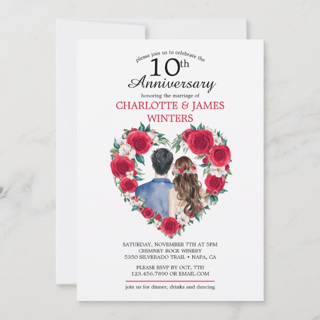 Invitación Parejas Rosas acuarela 10° aniversario de Boda (Anverso)