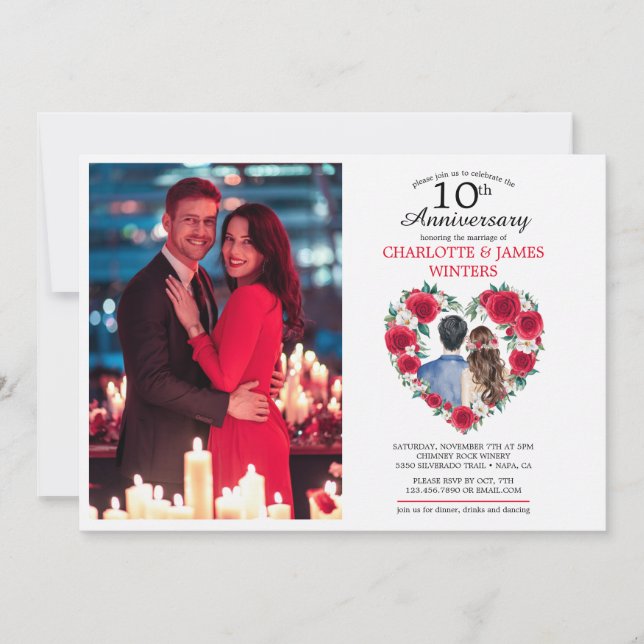 Invitación Parejas Rosas acuarela 10° aniversario de Boda (Anverso)