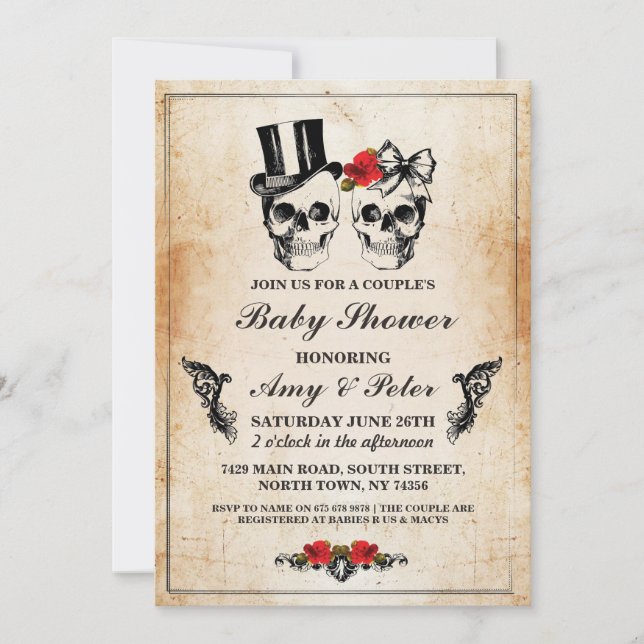 Invitación Parejas Rosas Fiestas de cráneo de Fiesta de Baby  (Anverso)
