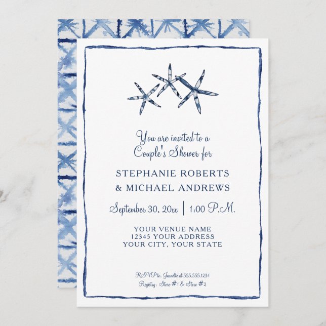 Invitación Parejas Starfish Shower Shibori Indigo Blue Beach (Anverso / Reverso)