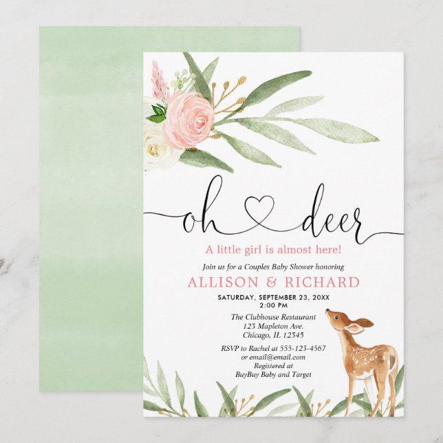 Invitación Parejas verdes de oro rosado de Woodland bebé duch (Anverso / Reverso)