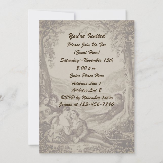 Invitación Parejas Victorianas En Un Fiesta De Picnic (Anverso)