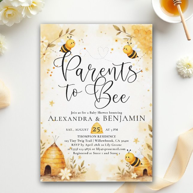 Invitación Parents Bee Summer Honey Floral Coed Baby Shower (parents to bee baby shower theme invitation spring summer little honey watercolor elegant floral)
