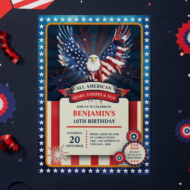 Invitación Pariotic All American Eagle Birthday Party (Celebrate in true American spirit with this bold and birthday invitation featuring a majestic eagle!)