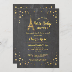 Invitación Paris Baby Shower Chalk Gold Torre Eiffel