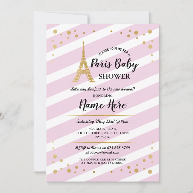 Invitación Paris Baby Shower Chica Gold Torre Eiffel Rosa (Anverso)