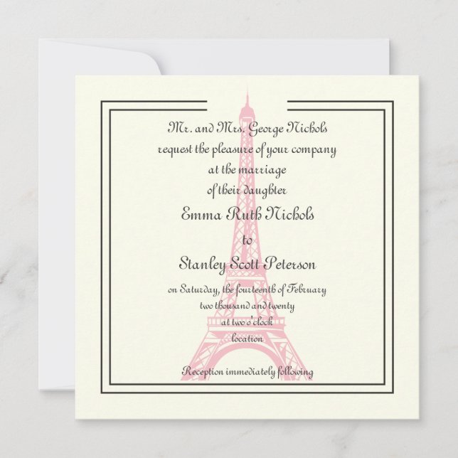 Invitación París boda rosa Torre Eiffel marfil clásico (Anverso)