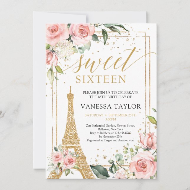 Invitación París boho rosa rosa dorado floral dulce dieciséis (Anverso)