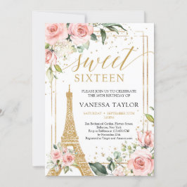 Invitación París boho rosa rosa dorado floral dulce dieciséis
