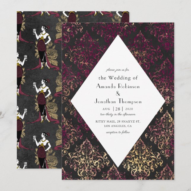 Invitación París Borgoña y Faux Gold Art Deco Boda (Anverso / Reverso)
