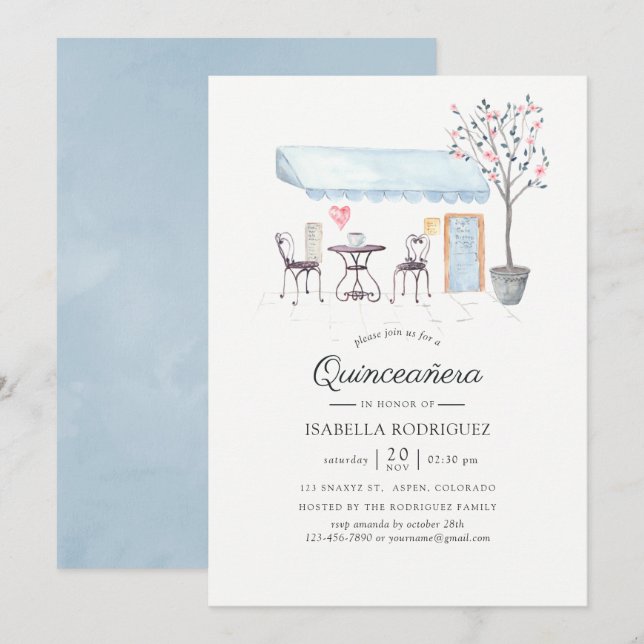 Invitación Paris Cafe Acuarela Quinceañera (Anverso / Reverso)