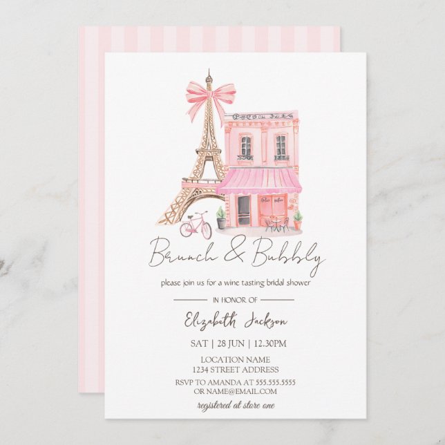 Invitación Paris Cafe  Pink Striped Brunch and Bubbly (Anverso / Reverso)