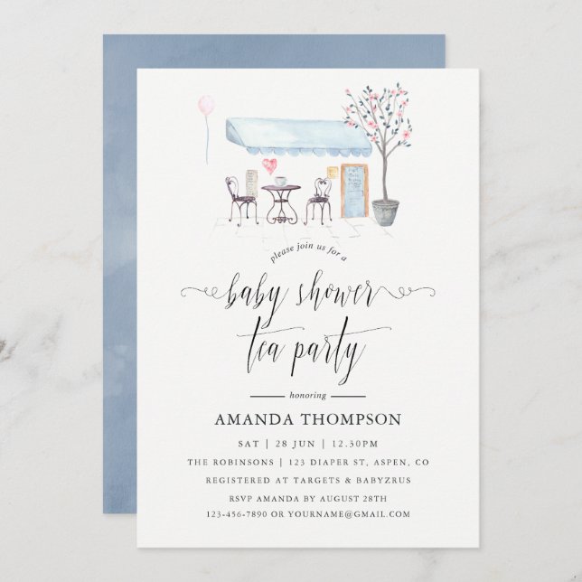 Invitación Paris Cafe Watercolor Baby Shower Tea Fiesta (Anverso / Reverso)
