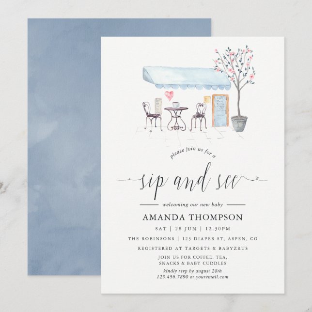 Invitación Paris Cafe Watercolor Sip y See (Anverso / Reverso)