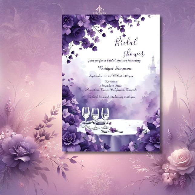 Invitación París caprichoso y ducha de novia Purple Floral (Subido por el creador)