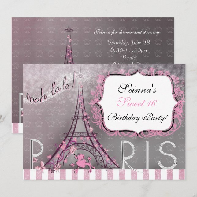 Invitación París Chic Brillo Torre Eiffel Fiesta Sweet 16 (Anverso / Reverso)