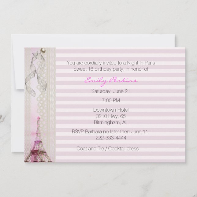 Invitación París con rayas rosadas Dieciséis (Anverso)
