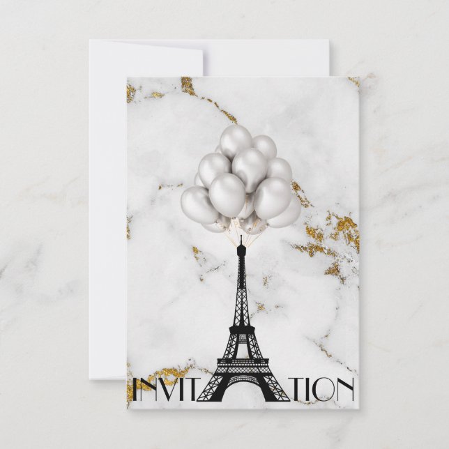 Invitación Paris Eiffel Tower Balloons Marble Gold (Anverso)