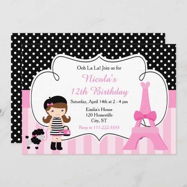 Invitación Paris Eiffel Tower Brunette Chica Fiesta de cumple (Anverso / Reverso)