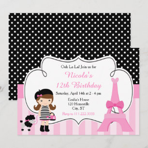 Invitación Paris Eiffel Tower Brunette Chica Fiesta de cumple