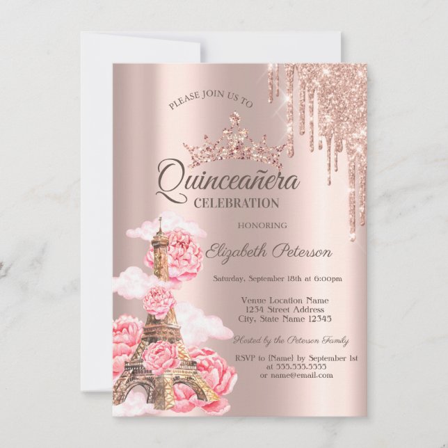 Invitación Paris Eiffel Tower,Peonies Drip  Quinceañera  (Anverso)