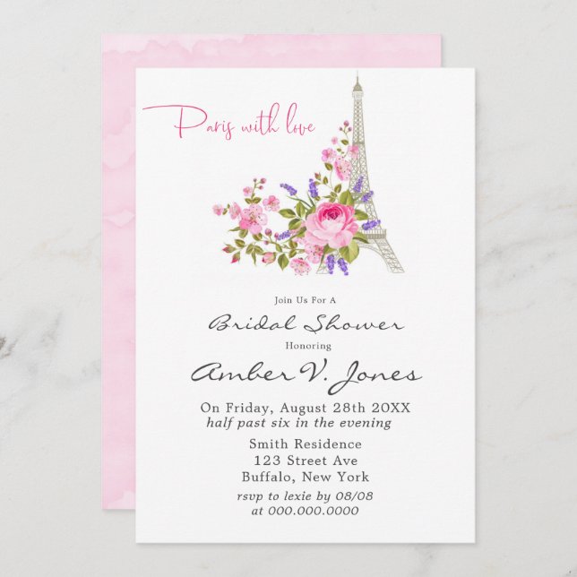 Invitación Paris Eiffel Tower Pink Peony Bridal Shower Invita (Anverso / Reverso)