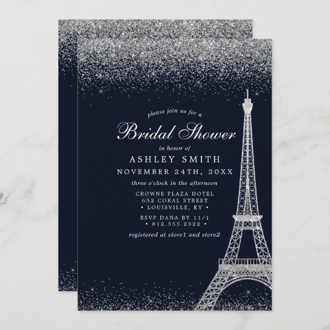 Invitación Paris Eiffel Tower Silver Sparkle Bridal Shower (Anverso / Reverso)