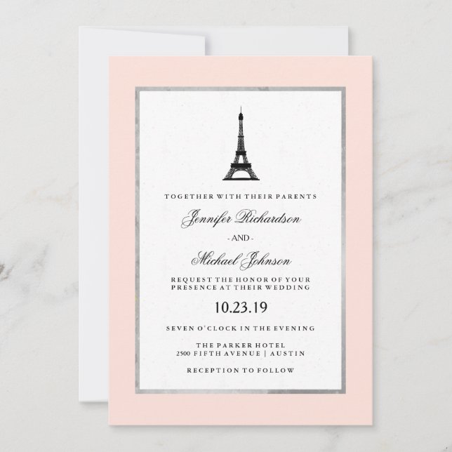 Invitación Paris Elegance Rubor Plata rosa y Boda negro (Anverso)