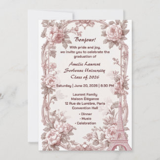 Invitación París Floral Elegante Torre Eiffel Rosa Graduación