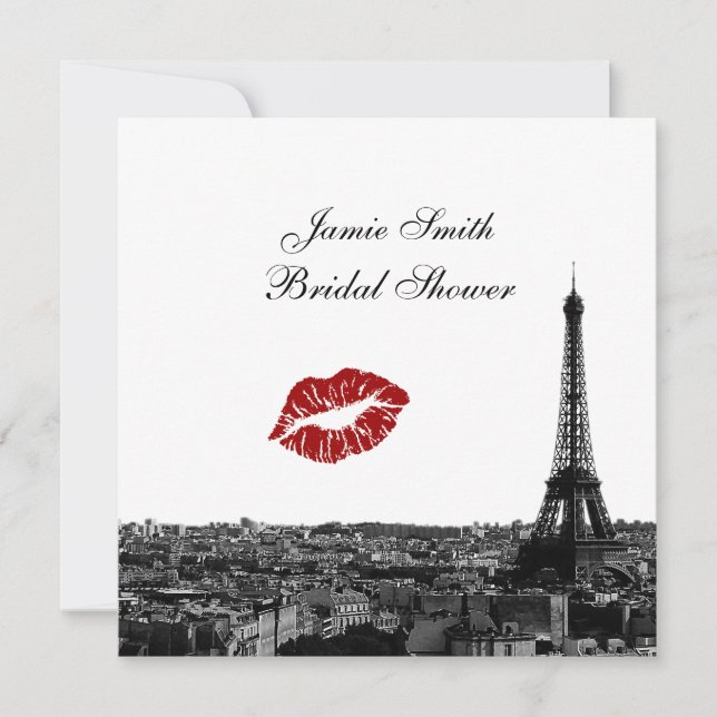 Invitación Paris France Skyline Kiss #1 BW Bridal Shower (Anverso)