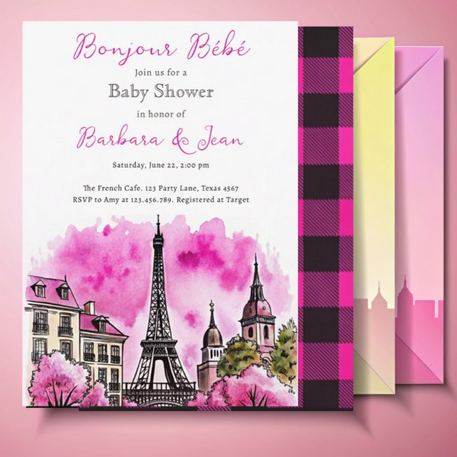 Invitación París Francés Bonjour Bebe Black Baby Shower rosa (Subido por el creador)
