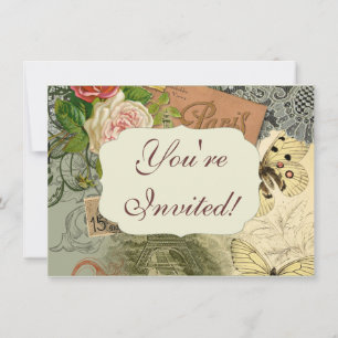 Invitación París Francia Collage de arte antiguo Eiffel Franc