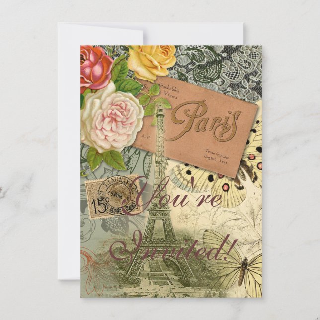 Invitación París Francia Collage de arte antiguo Eiffel Franc (Anverso)