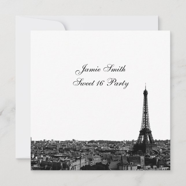 Invitación Paris Francia Silueta #1 BW Dulces 16 V (Anverso)