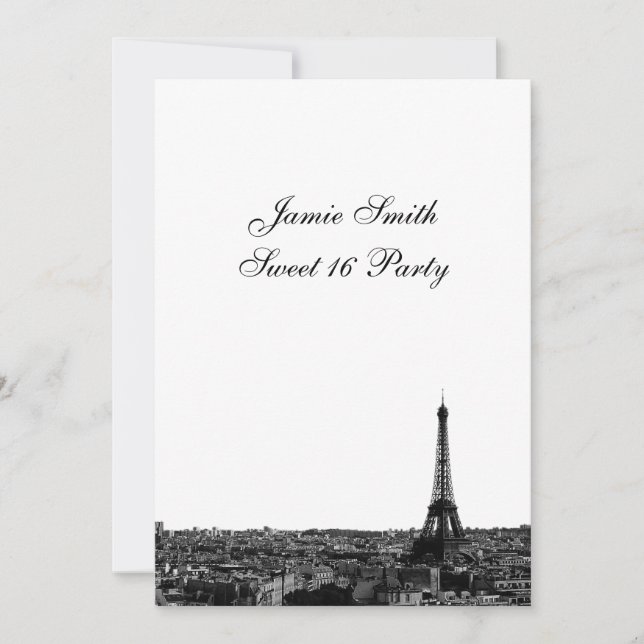 Invitación Paris Francia Silueta #1 BW Dulces 16 V (Anverso)