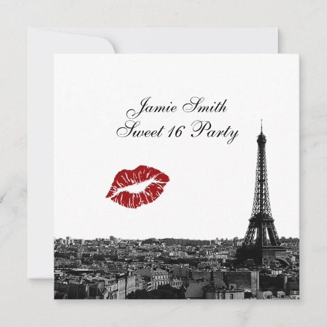 Invitación Paris Francia Silueta Besos #1 BN Dulces 16 (Anverso)